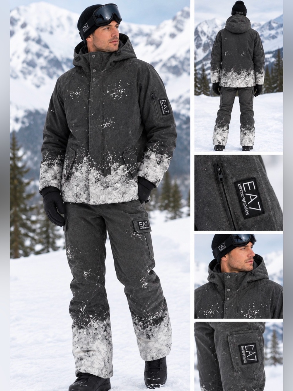 Emporio Armani EA7 Dark Gray denim Hooded Ski Jacket with White paint Splatter